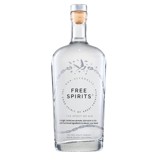 Clear bottle of Free Spirits non-alcoholic gin on a white background