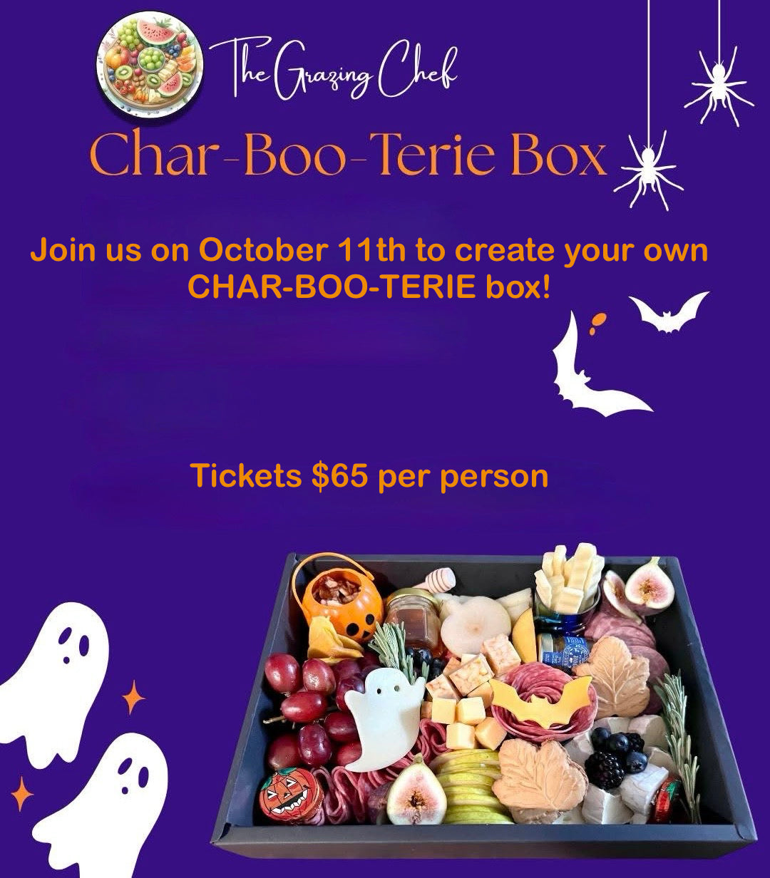 Promotional graphic for 'The Grazing Chef' Char-Boo-Terie Box on a purple Halloween-themed background. The top features the brand logo, the product name in orange text, event details for October 11th, and ticket pricing of $65 per person.