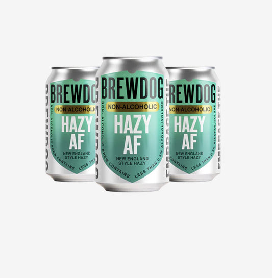 Three cans of BrewDog Hazy AF non-alcoholic beer on a white background