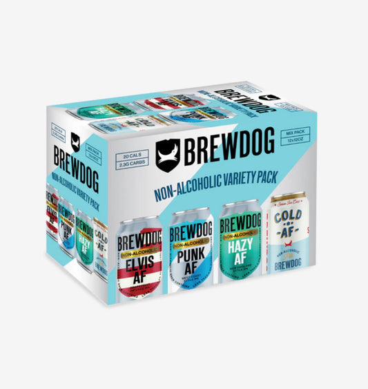 Box of BrewDog non-alcoholic beer variety pack on a white background
