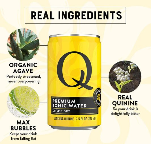 Yellow can of Q Premium Tonic Water with ingredients listed on a light yellow background