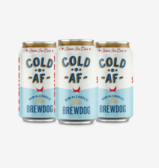 Three cans of BrewDog non-alcoholic drink on a white background