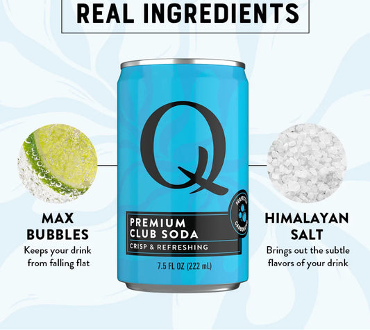 Blue can of Q Premium Club Soda with ingredients listed on a light blue background