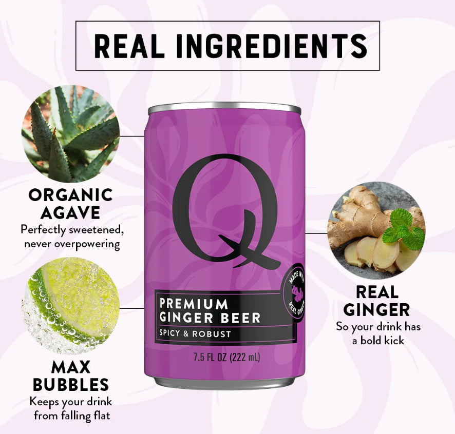 Purple can of Q Premium Ginger Beer with ingredients listed on a light purple background