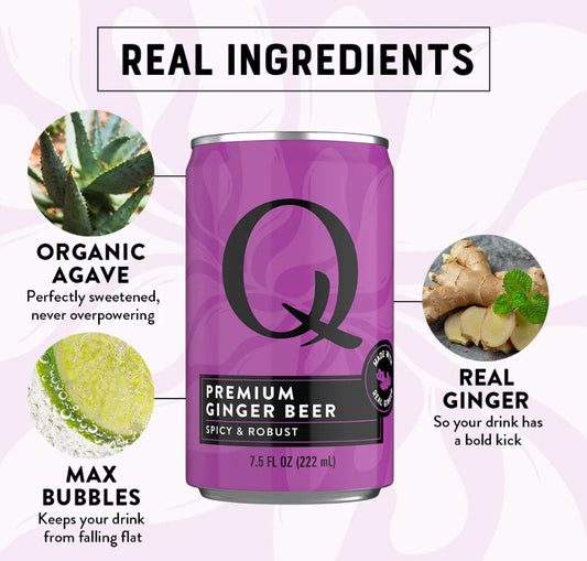 Purple can of Q Premium Ginger Beer with ingredients listed on a light purple background