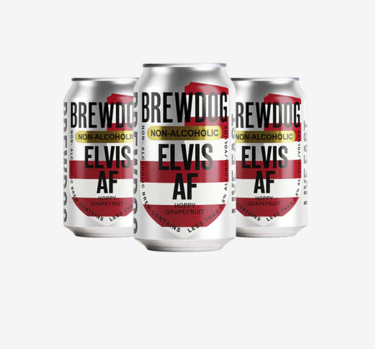 Three cans of BrewDog Elvis AF non-alcoholic beer on a white background