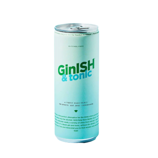Cylindrical can with 'GinISH & tonic' branding on a white background
