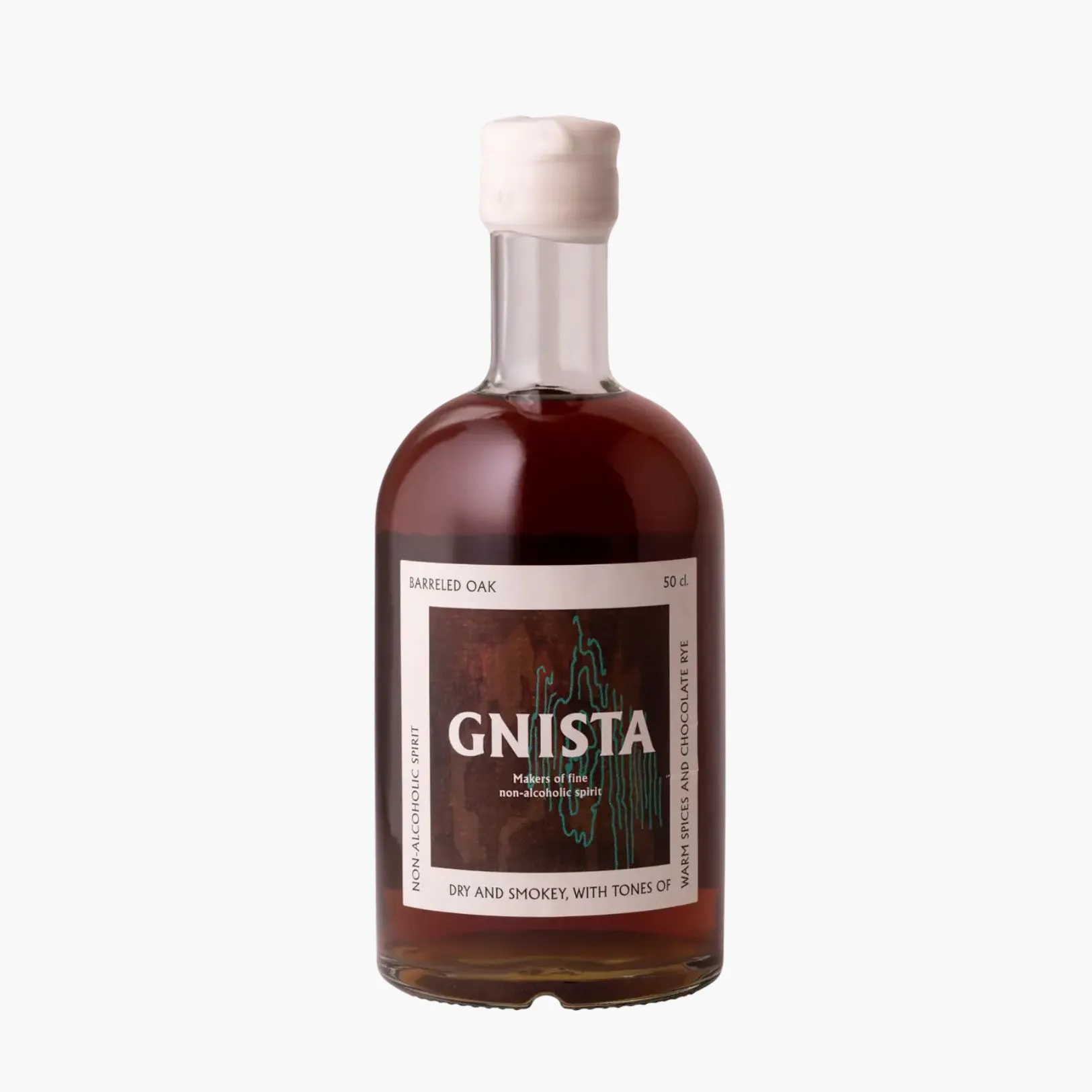 Bottle of Gnista non-alcoholic rum on a white background