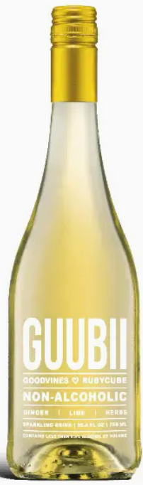 Non-alcoholic wine bottle labeled 'GUUBII' with a yellow cap and label.