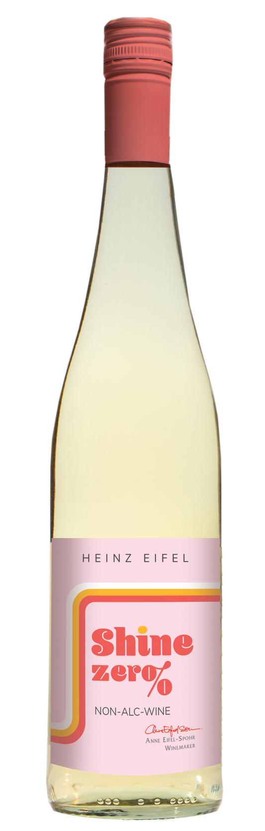 Bottle of Heinz Eifel Shine zero% non-alcoholic white wine with a pink cap and label.