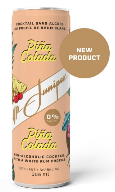 A 355 ml can of Piña Colada non-alcoholic cocktail by Juniper, featuring a peach-colored label with yellow script, white diagonal stripes, and illustrations of fruits. A brown circular badge on the right reads 'NEW PRODUCT'.