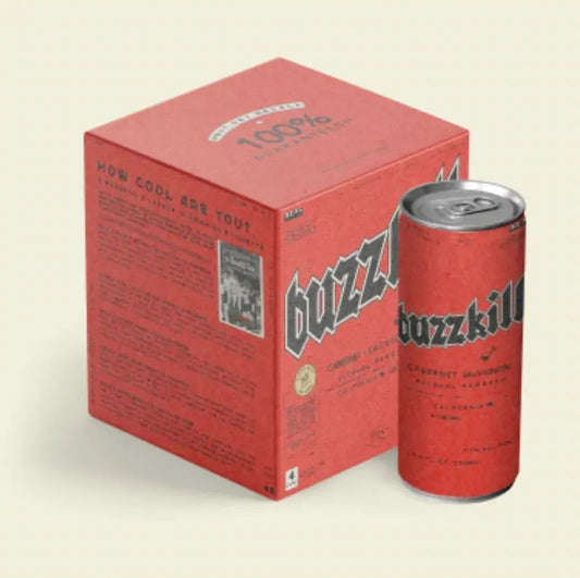 Red 'buzzkill' can and box on a beige background