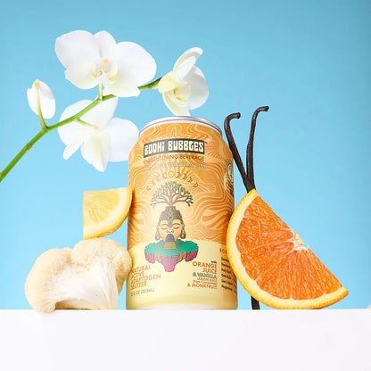 Can of Bodhi Bubbles with lemon, vanilla bean, and orange on a blue background