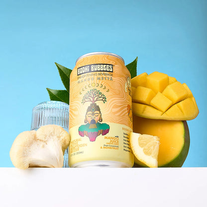 Can of Bodhi Bubbles Mango Juice with a mango and bottle cap on a blue background