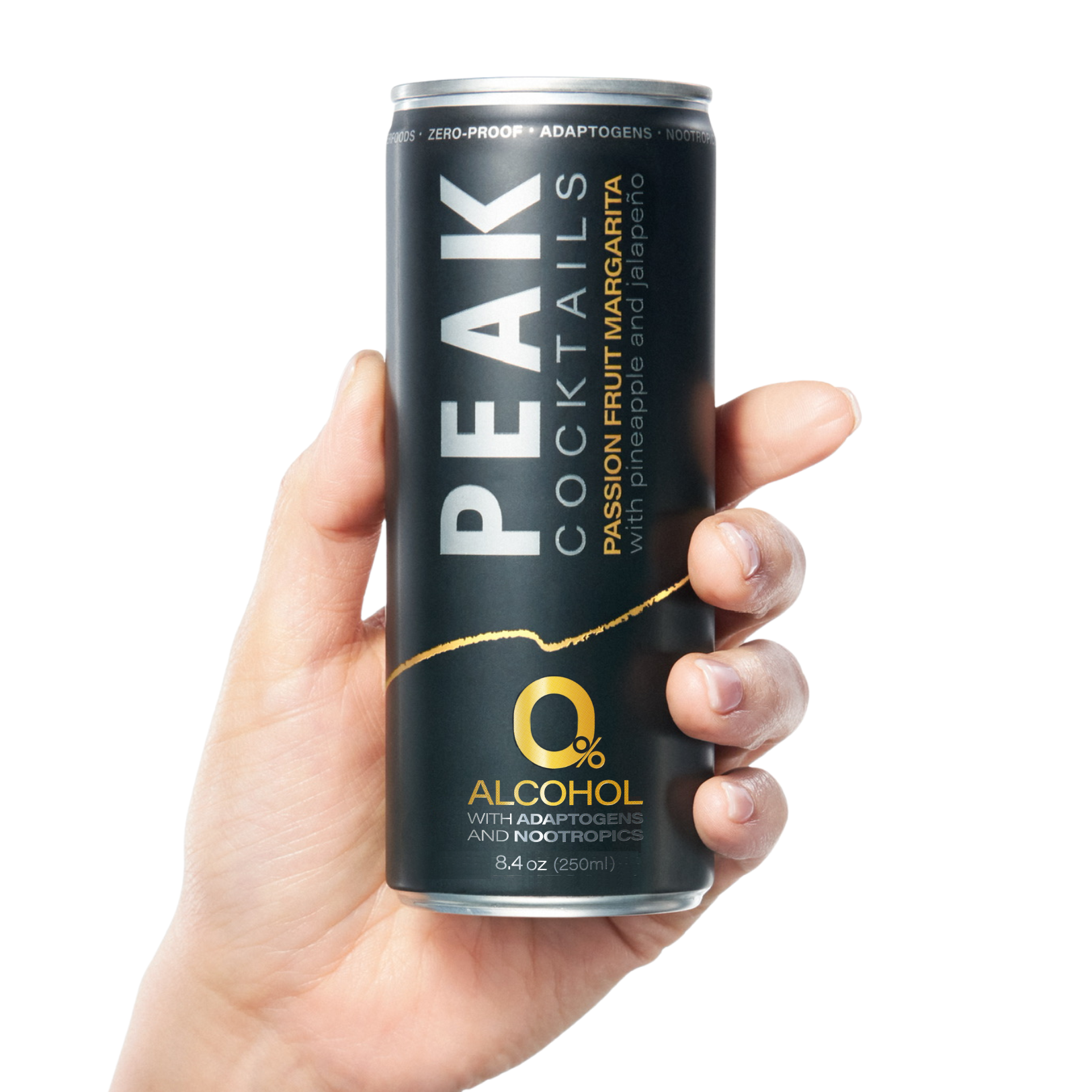Hand holding a can of Peak Cocktails Passion Fruit Margarita on a white background