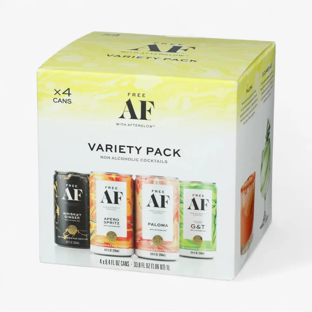 Box of Free AF variety pack non-alcoholic cocktails on a white background