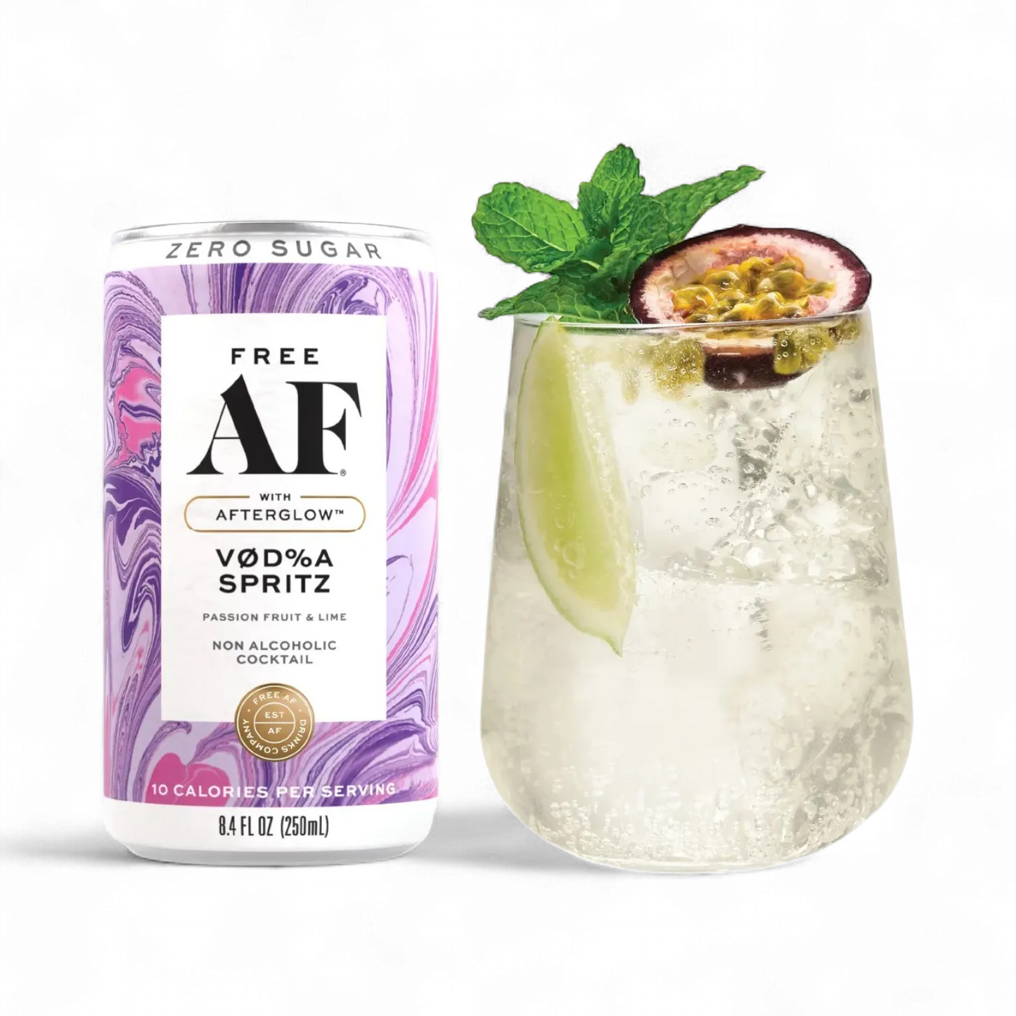 Zero sugar Vodka Spritz cocktail with garnish next to a can labeled 'AF' on a white background