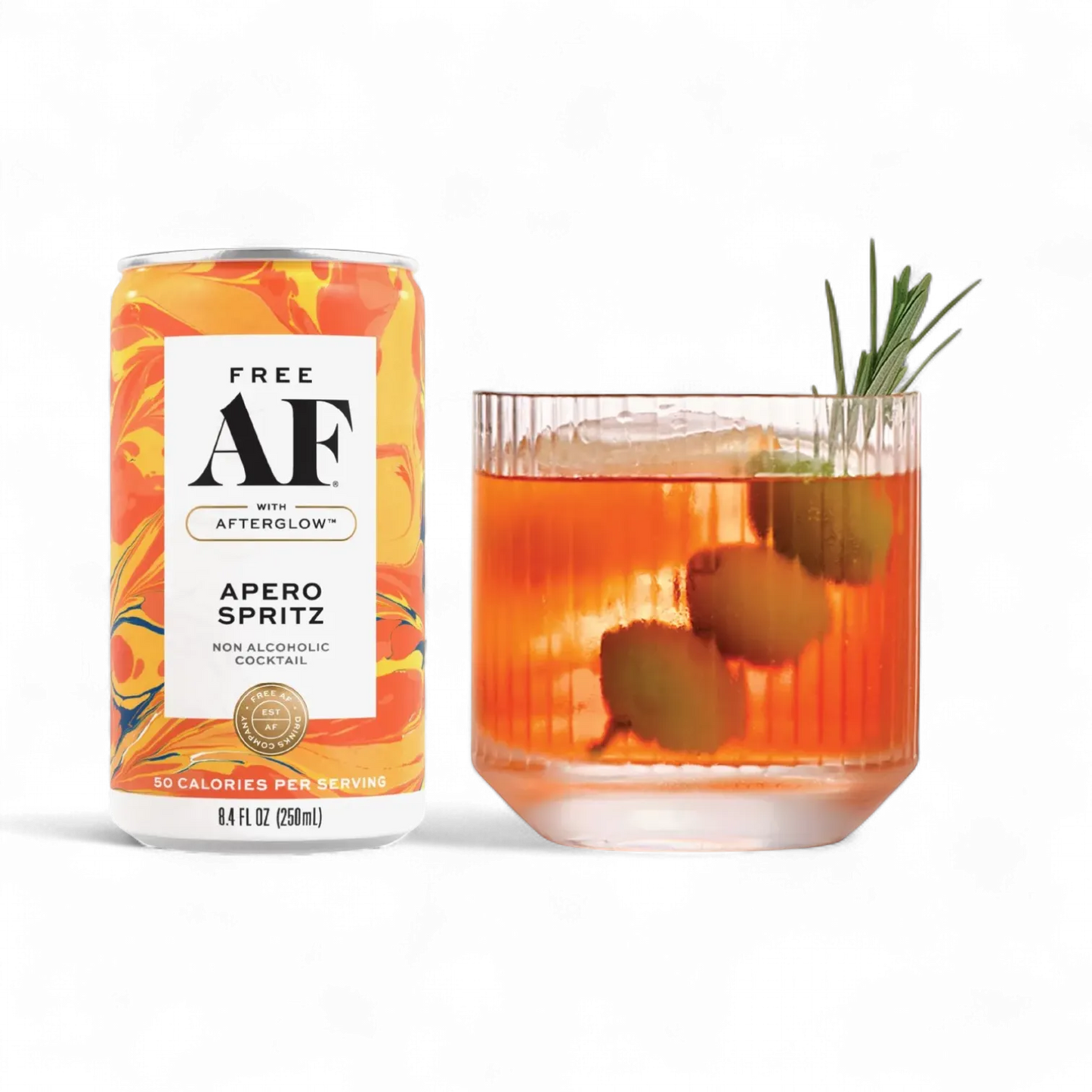 Apero Spritz can and a glass of the cocktail with a sprig of rosemary on a white background