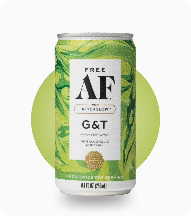 Green can of G&T non-alcoholic cocktail with Afterglow on a white background