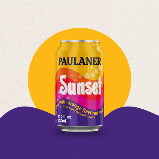 Paulaner Sunset beer can on a colorful background
