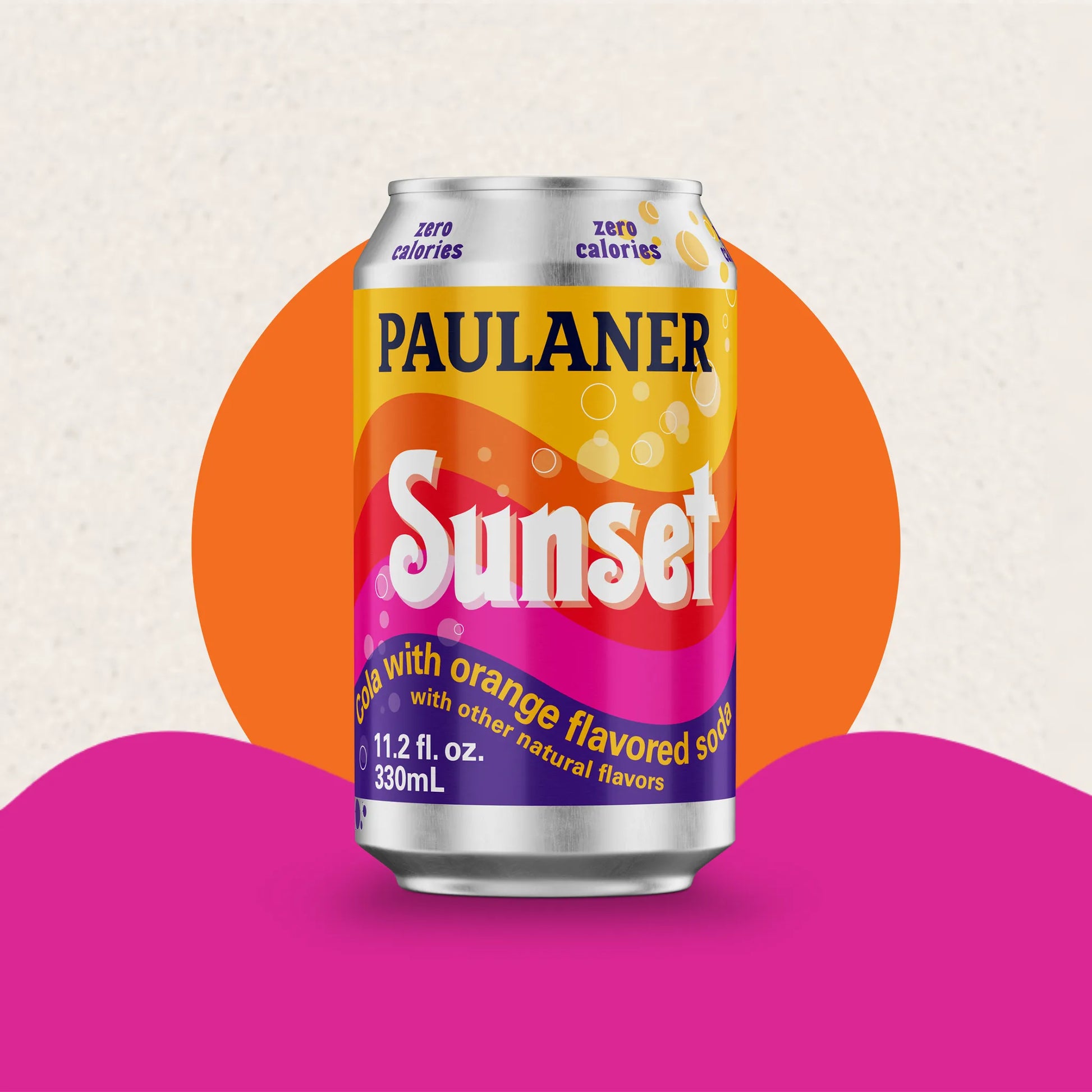 Paulaner Sunset beer can on a colorful background