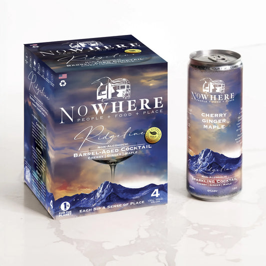 Nowhere non-alcoholic cocktail packaging and can on a white background