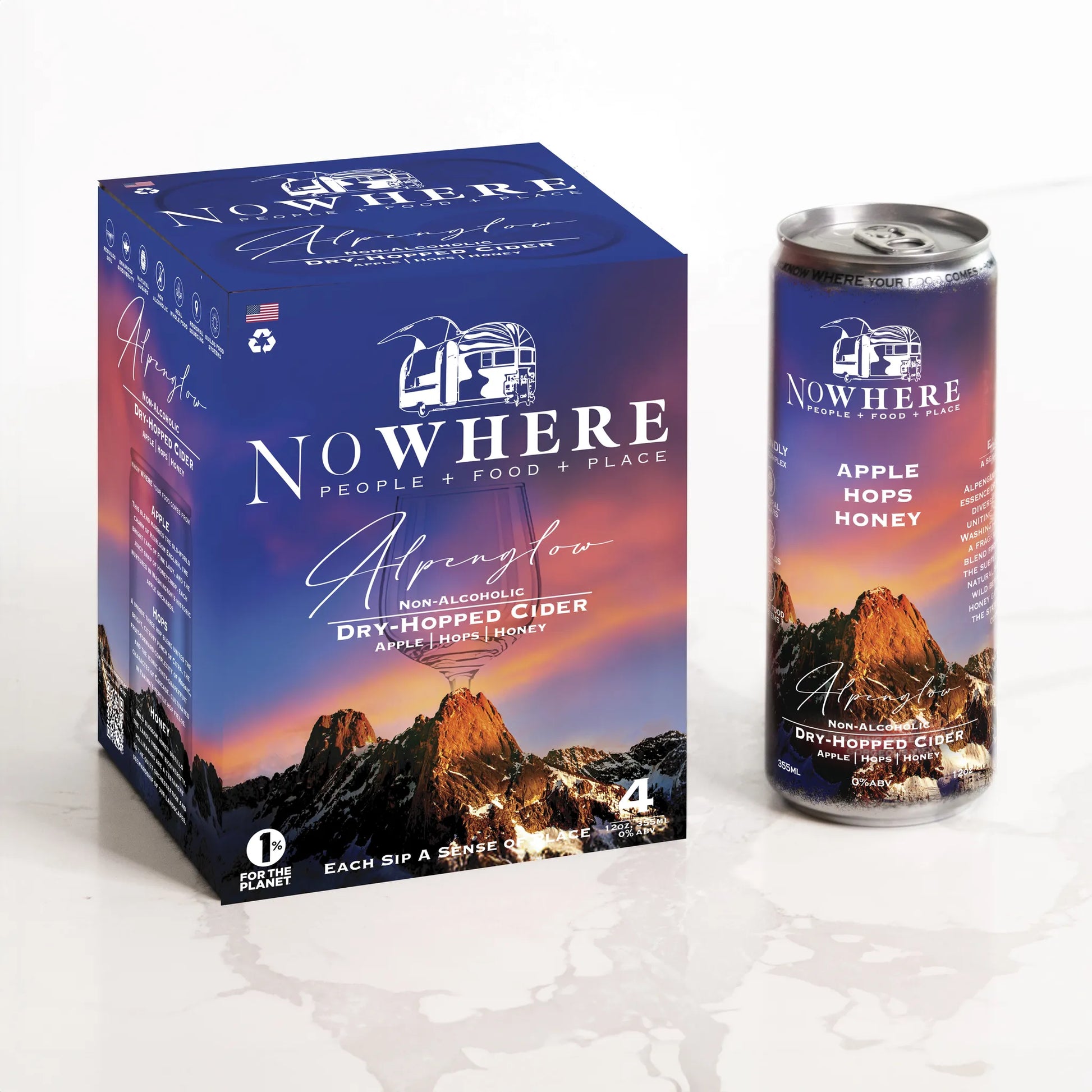 Nowhere cider packaging with can and box on a white background