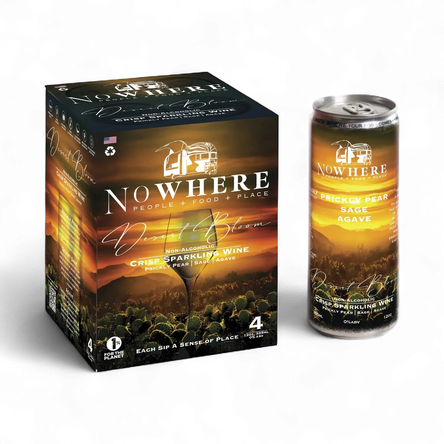 Nowhere wine packaging with a can and box on a white background
