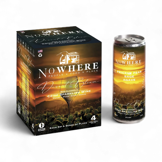 Nowhere wine packaging with a can and box on a white background