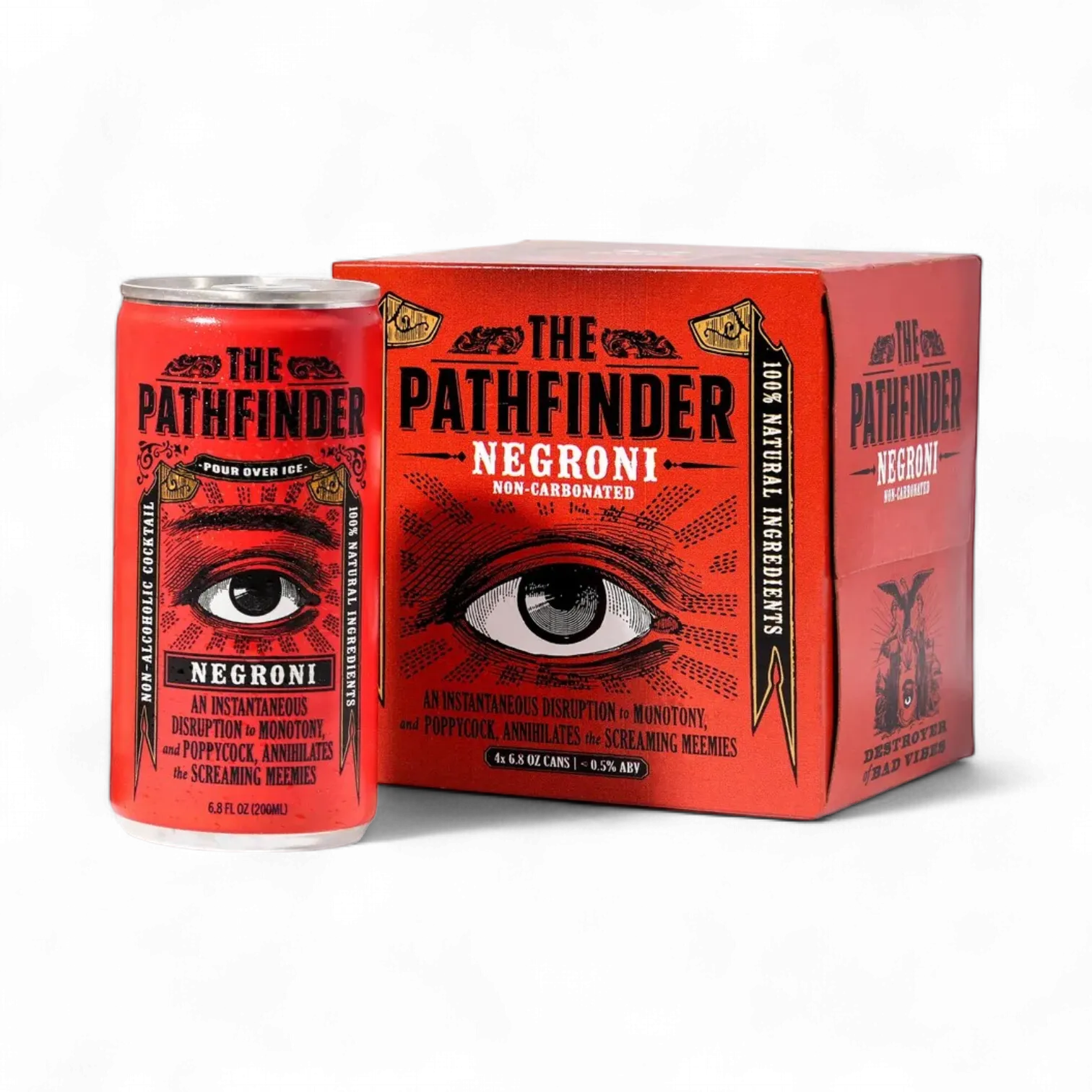 The Pathfinder Negroni can and box with eye design on a white background