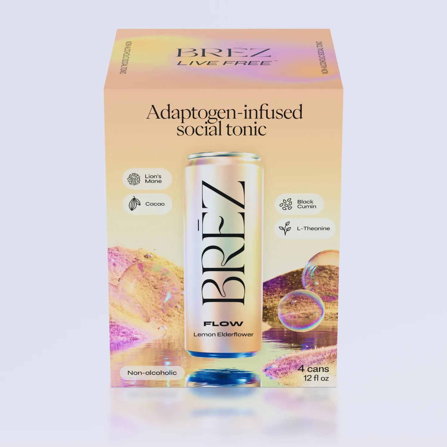 Brez adaptogen-infused social tonic packaging with a can on a light background