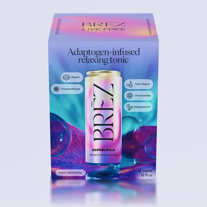 BREZ tonic packaging with a can on a light purple background