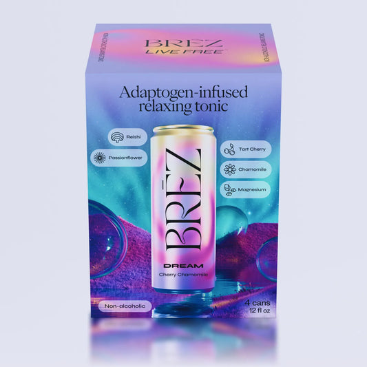 BREZ tonic packaging with a can on a light purple background