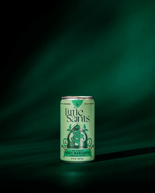 Can of Little Saints Spicy Margarita on a dark green background