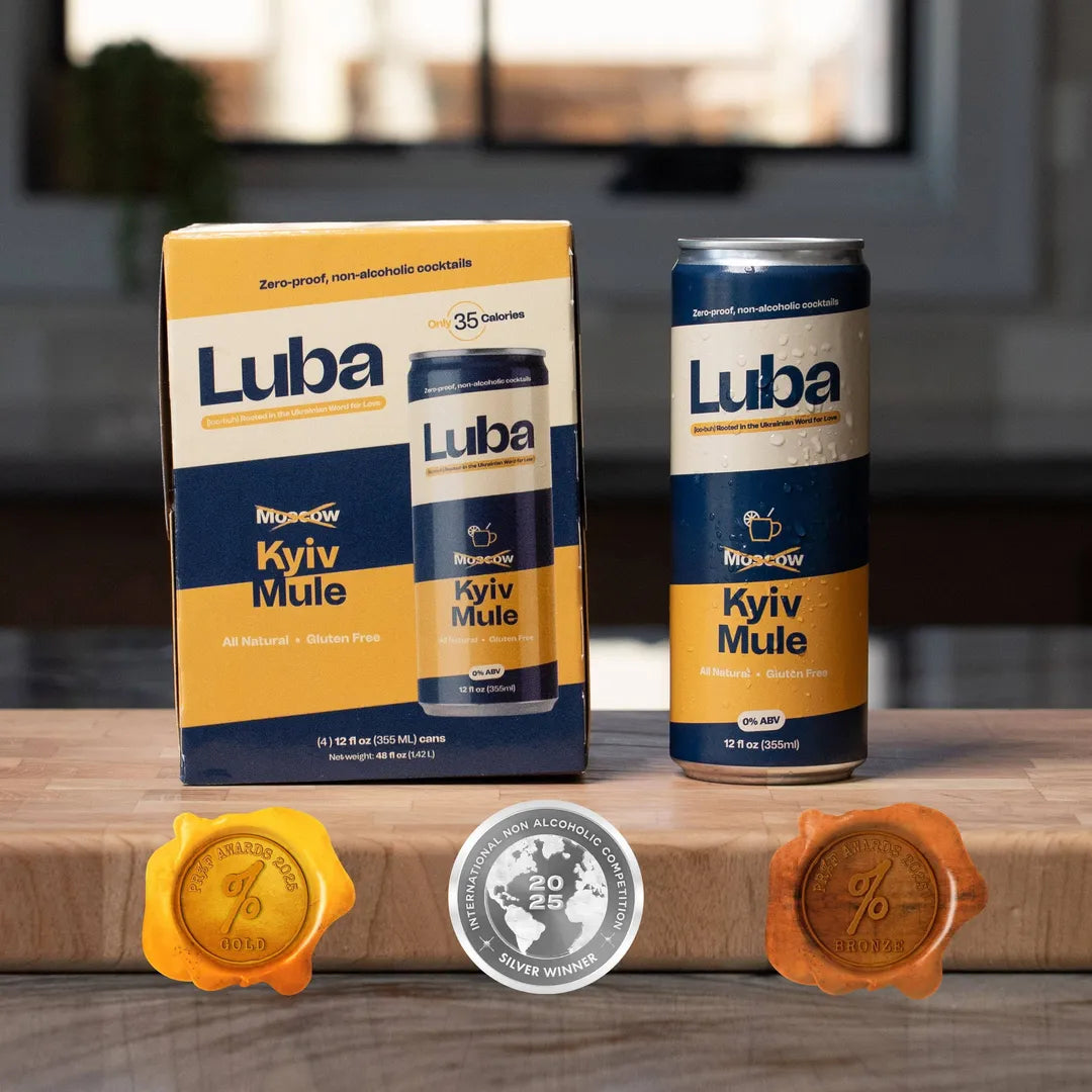 Luba Kyiv Mule non-alcoholic drink on a wooden surface with a blurred background