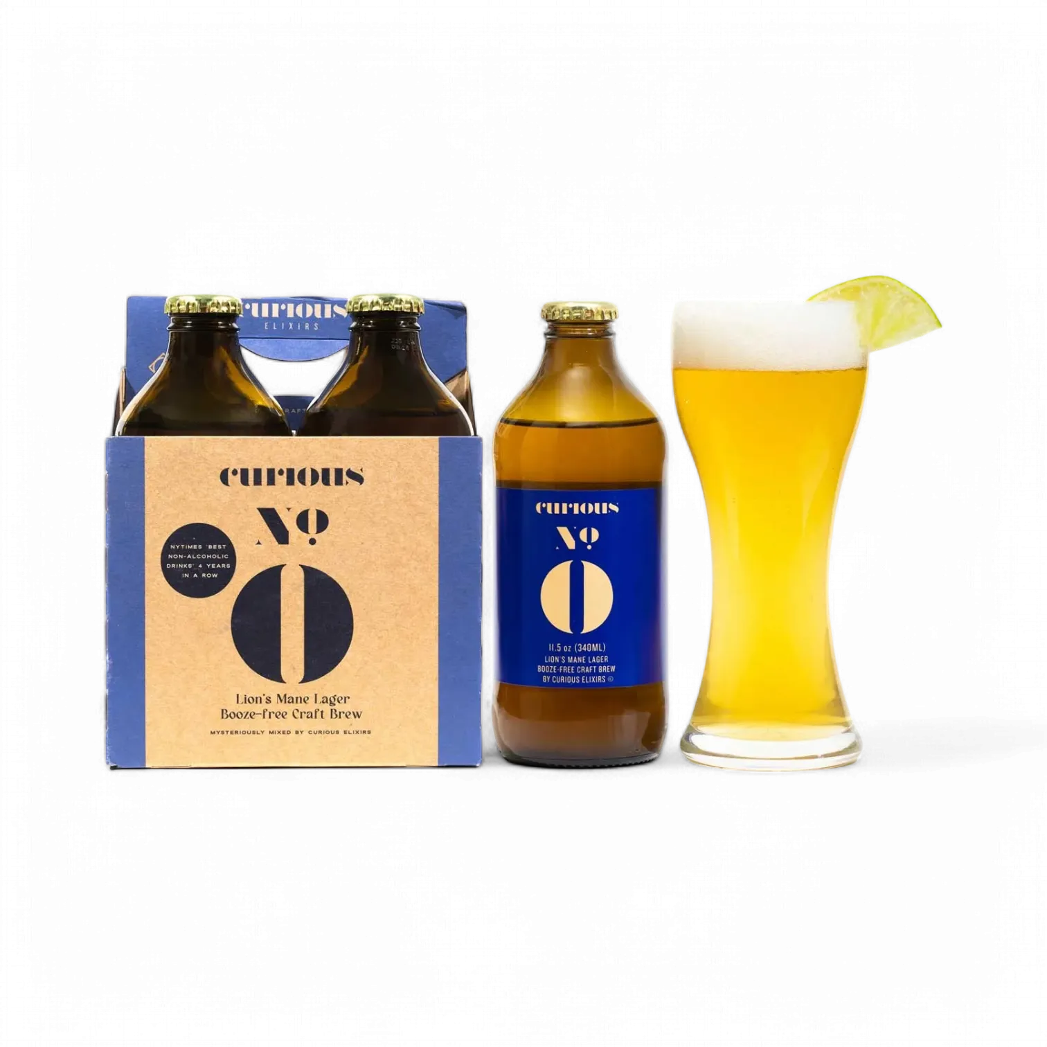 Curious No 0 beer bottle with packaging and a glass of beer on a white background