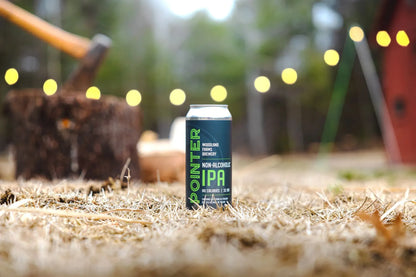 Can of Pointer Non-Alcoholic IPA on a rustic background with blurred lights
