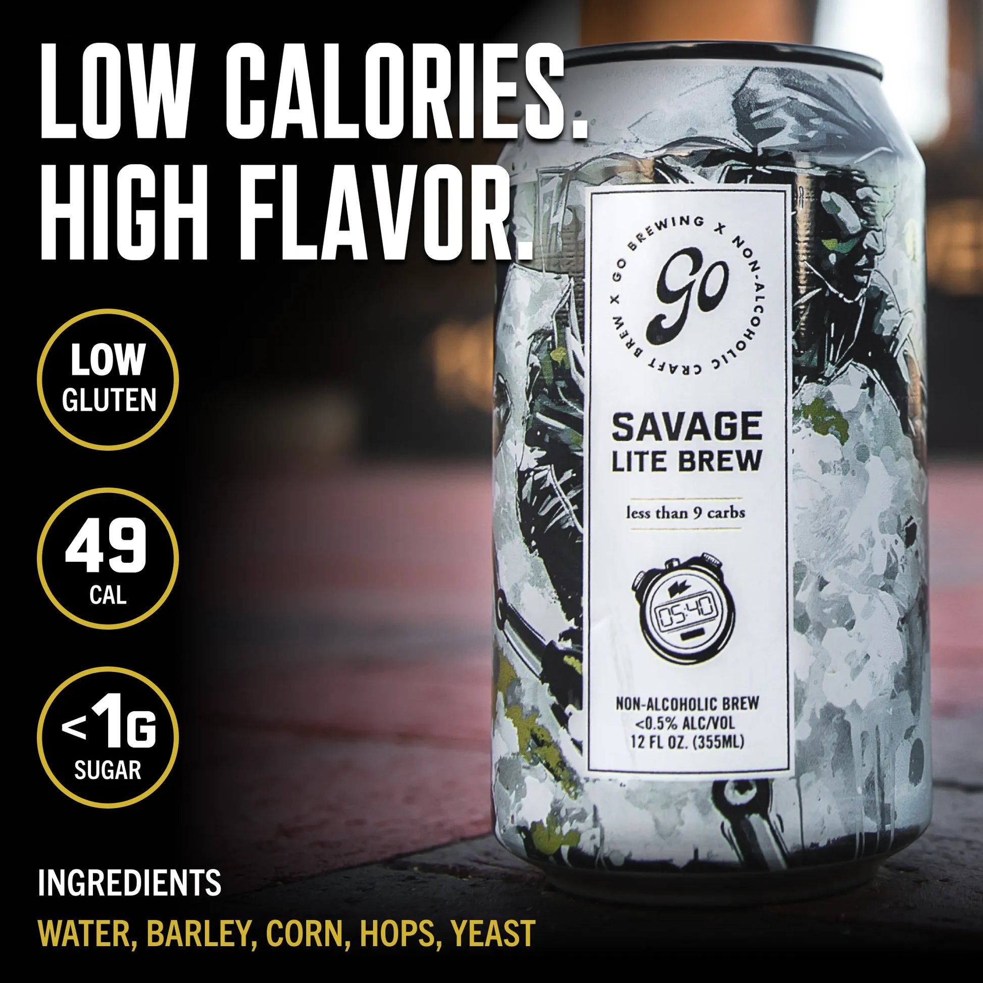Can of 'Savage Lite Brew' with nutritional information and branding details.