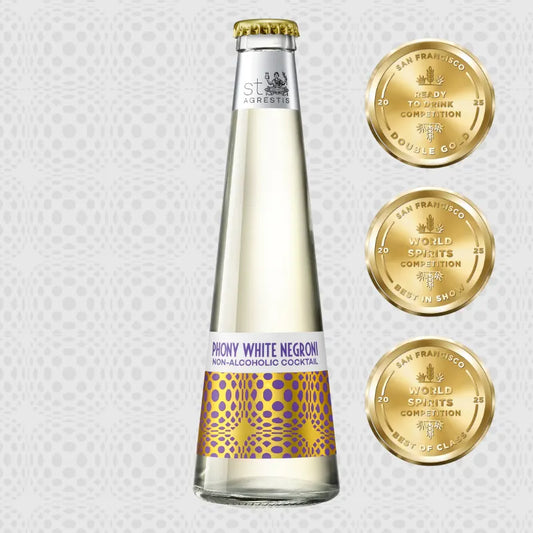 Bottle of Phony White Negroni non-alcoholic cocktail with gold labels on a light gray background