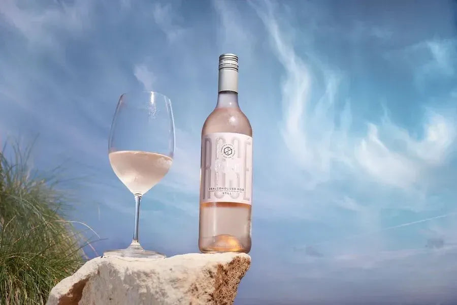 Bottle and glass of rose wine on a rock with a blue sky background