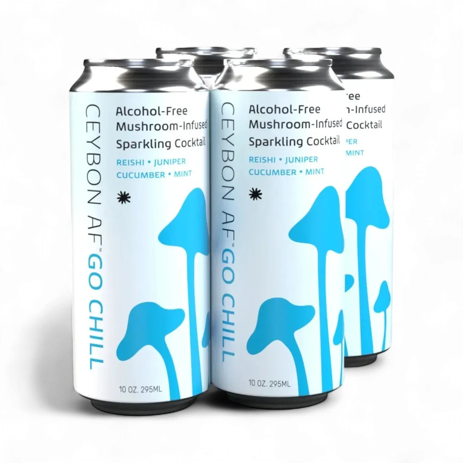 Four cans of Ceybon AF Go Chill sparkling cocktail on a white background