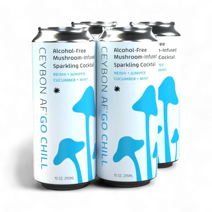 Four cans of Ceybon AF Go Chill sparkling cocktail on a white background