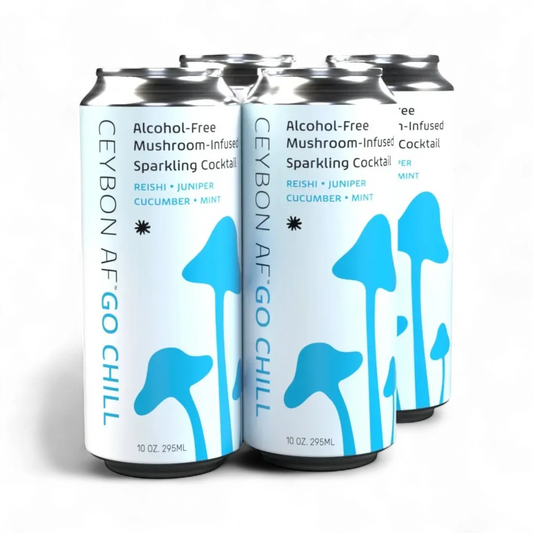 Four cans of Ceybon AF Go Chill sparkling cocktail on a white background