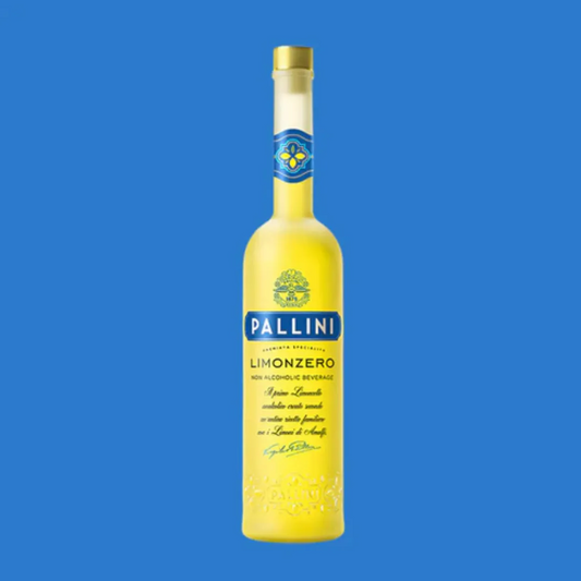 Yellow bottle of Pallini Limonzero on a blue background