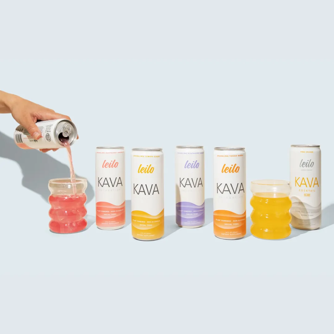 Leilo Kava cans with colorful drinks being poured into glasses on a light gray background