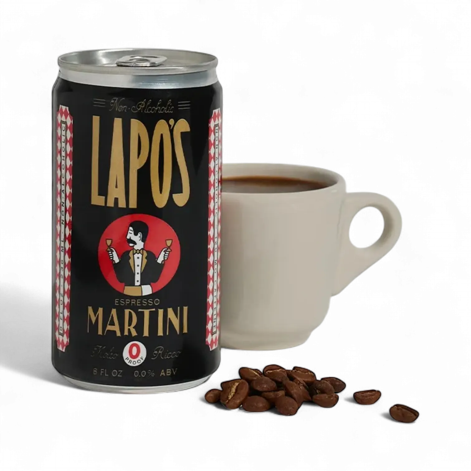 Lapo's Espresso Martini can with a cup of coffee and coffee beans on a white background