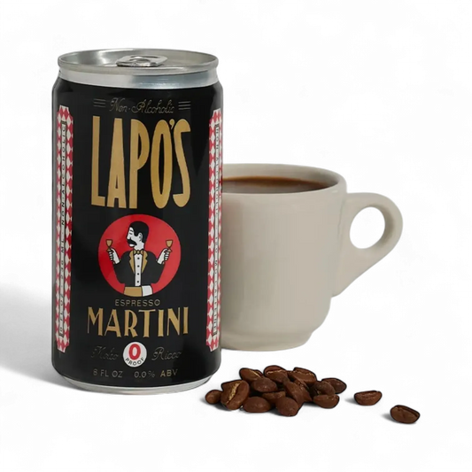 Lapo's Espresso Martini can with a cup of coffee and coffee beans on a white background