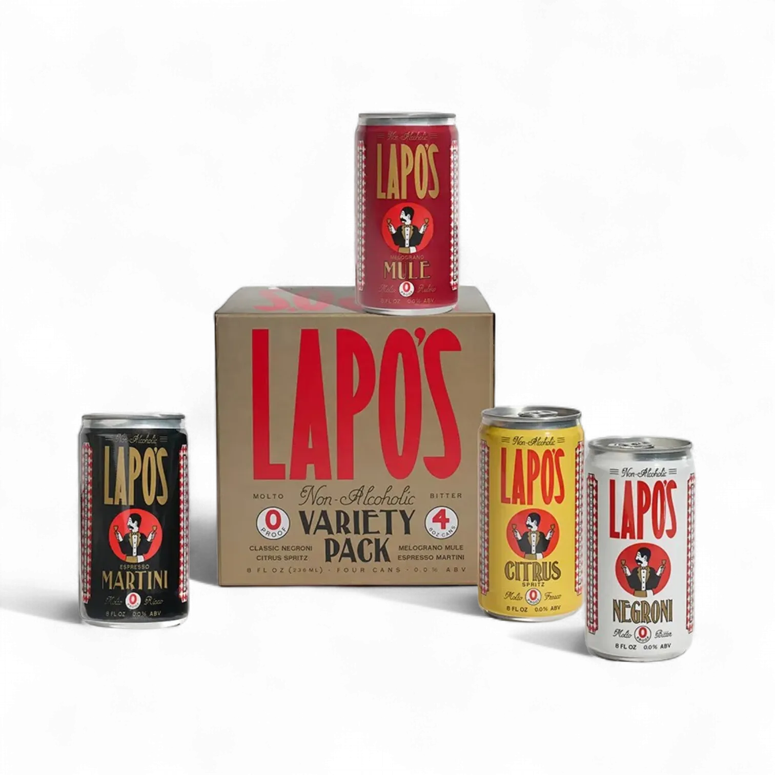 Collection of Lapo's cans and a box on a white background