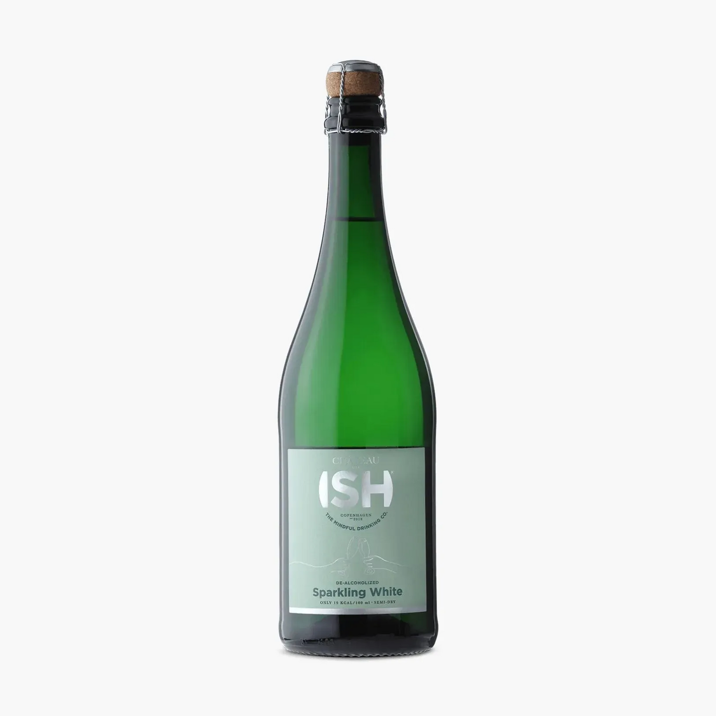 Green bottle of ISH Sparkling White wine on a white background