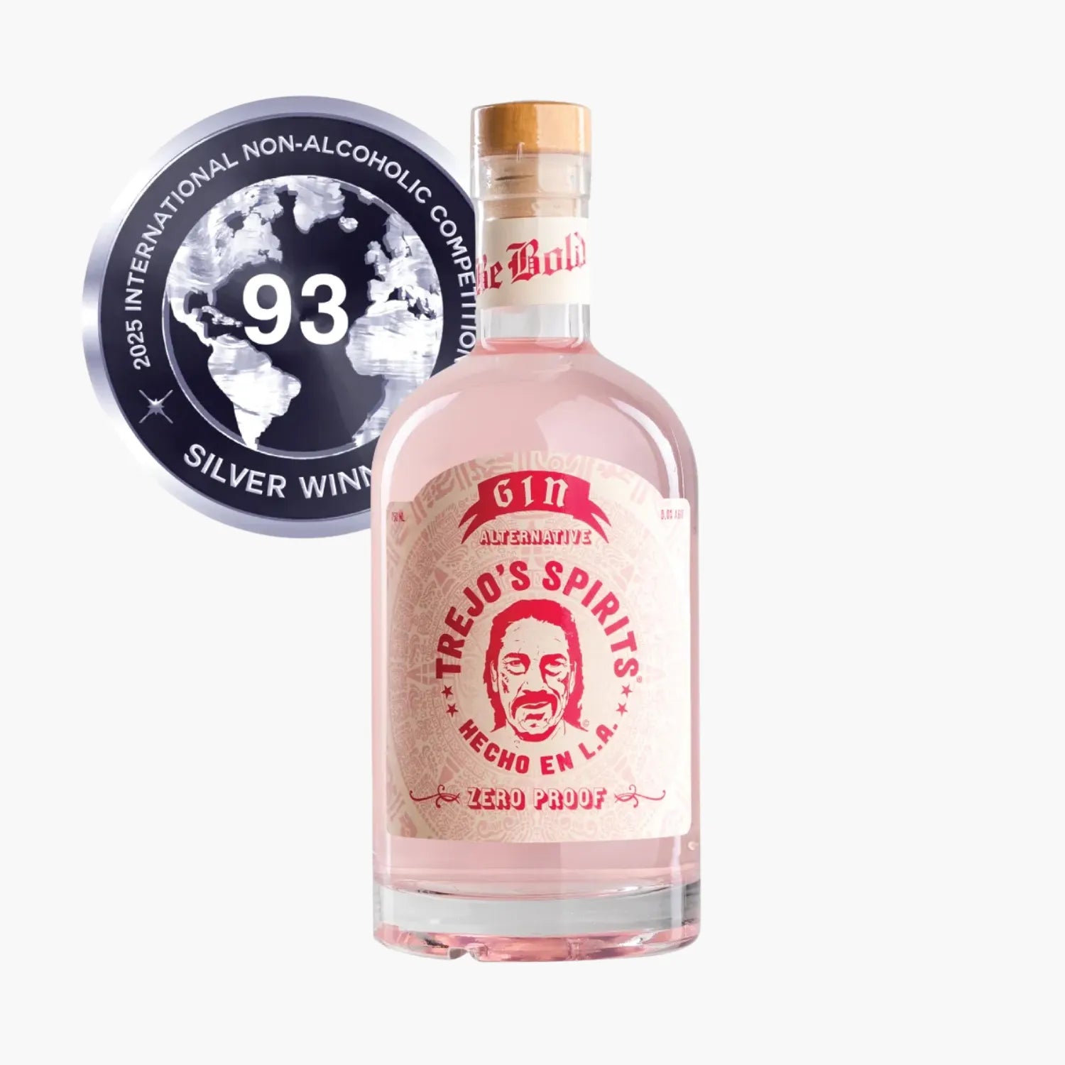Bottle of Trejo's Spirits Gin with a silver award on a white background